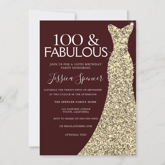 Burgundy Gold Dress 100 & Fabulous 100th Birthday Invitation (Front)