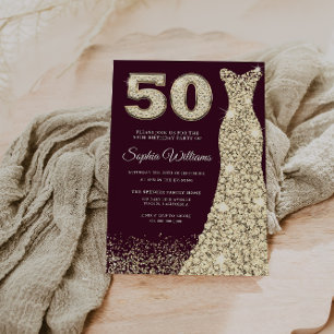 Burgundy & Gold Dress 50th Birthday Party  Invitation