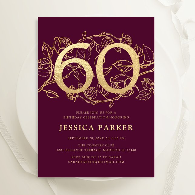 Burgundy Gold Elegant 60th Birthday Invitation (Creator Uploaded)