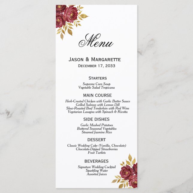 Burgundy Gold Elegant Florals Modern Simple Menu (Front)