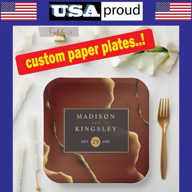 🤵 Burgundy Gold Elegant Inky Abstract Wedding   Paper Plate (Creator Uploaded)