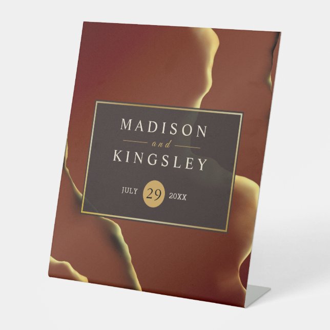 🤵 Burgundy Gold Elegant Inky Abstract Wedding   Pedestal Sign (Front)