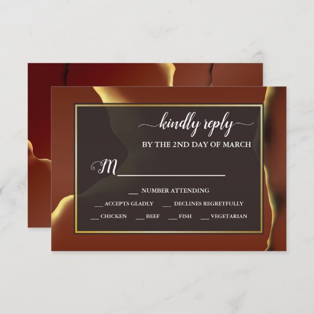 🤵 Burgundy Gold Elegant Inky Abstract Wedding   RSVP Card (Front/Back)
