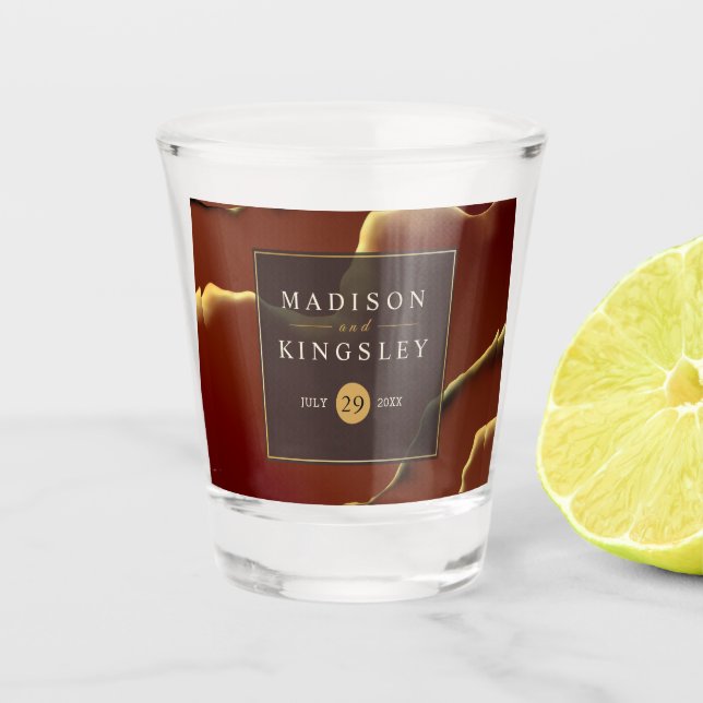 🤵 Burgundy Gold Elegant Inky Abstract Wedding   Shot Glass (Front)