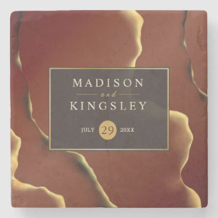 🤵 Burgundy Gold Elegant Inky Abstract Wedding Stone Coaster