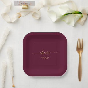 Burgundy & Gold Elegant Lettering Cheers Party Paper Plate