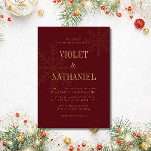 Burgundy Gold Elegant Snowflake Christmas Wedding Invitation