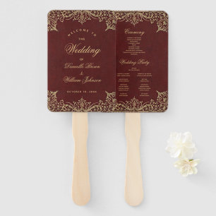 Burgundy Gold Elegant Vintage Wedding Program Hand Fan