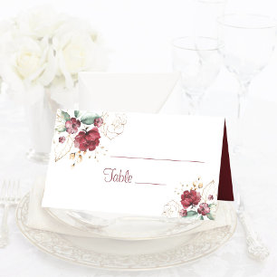 Burgundy Gold Elegant Watercolor Floral  Place Card