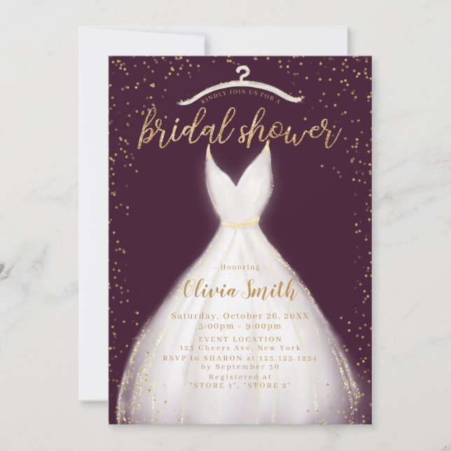 Burgundy Gold Elegant Wedding Dress Bridal Shower Invitation (Front)
