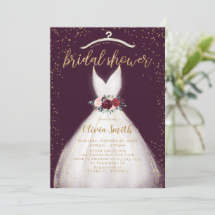 Burgundy Gold Elegant Wedding Dress Bridal Shower Invitation