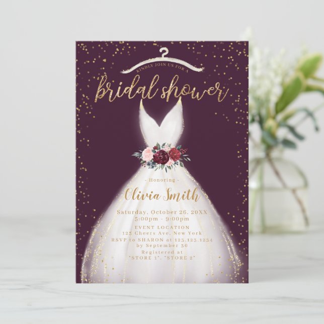 Burgundy Gold Elegant Wedding Dress Bridal Shower Invitation (Standing Front)