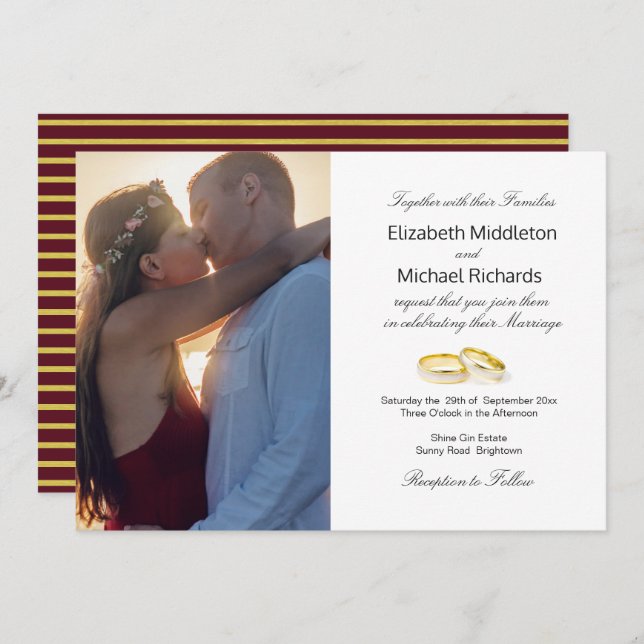 Burgundy Gold Elegant Wedding Photo Invitation (Front/Back)
