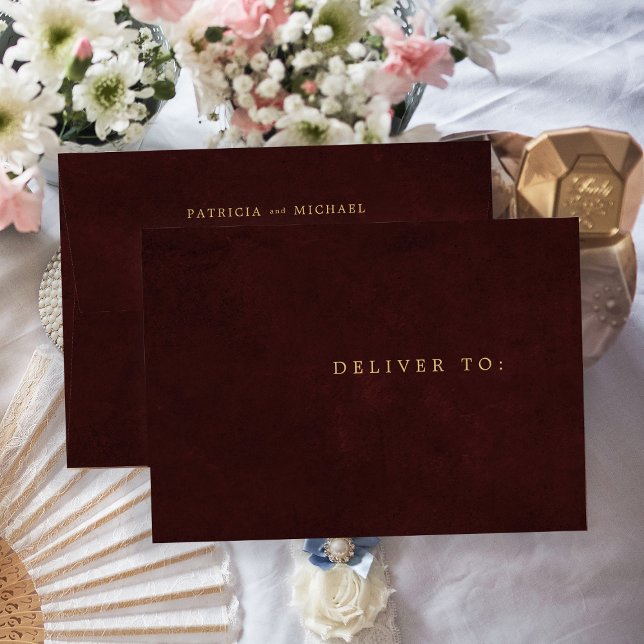 Burgundy gold elegant wedding return address  envelope (Creator Uploaded)