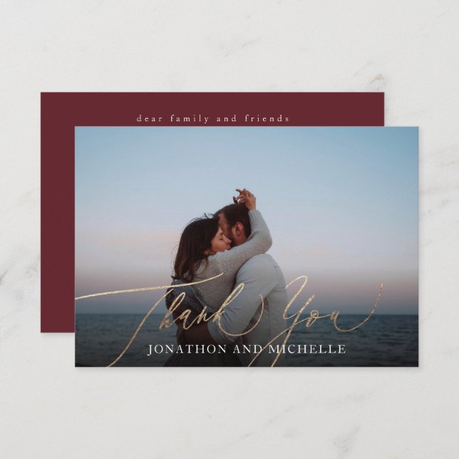 Burgundy & Gold Fall Calligraphy Wedding Photo Thank You Card (Front/Back)