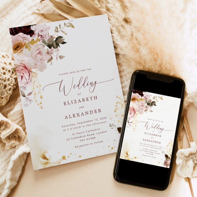 Burgundy gold fall elegant wedding invitation (Creator Uploaded)