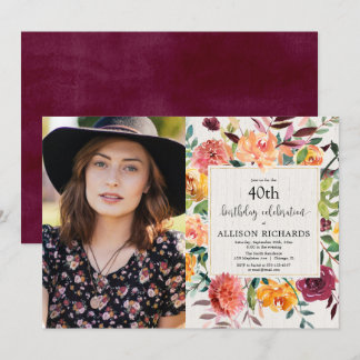 Burgundy gold fall floral adult birthday photo invitation