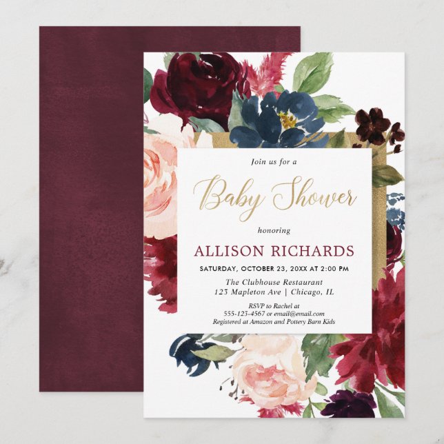 Burgundy gold fall floral watercolor baby shower invitation (Front/Back)