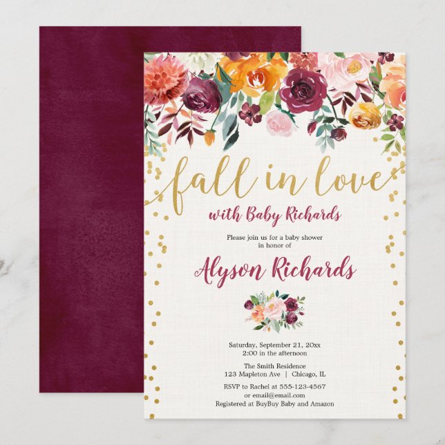 Burgundy gold fall in love floral baby shower invitation (Front/Back)