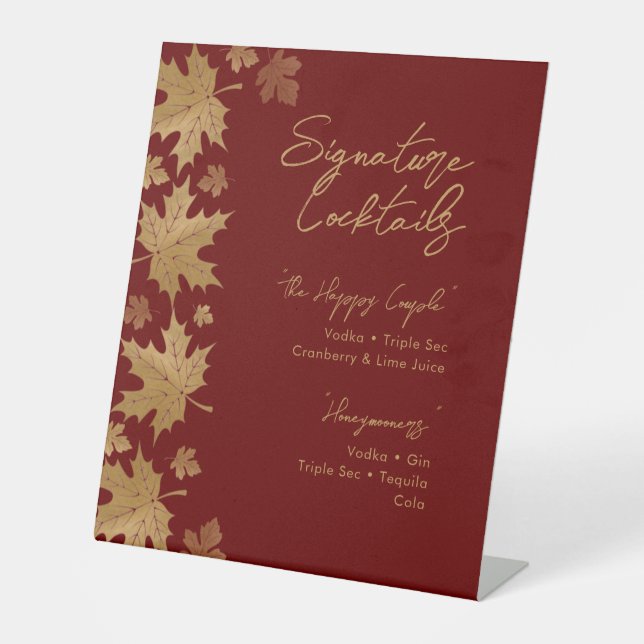 Burgundy Gold Fall Leaves Signature Cocktail Menu Pedestal Sign (Front)