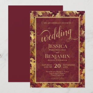 Burgundy & Gold Fall Leaves Stylish Script Wedding Invitation