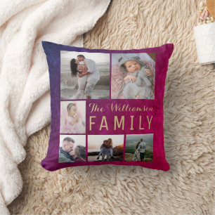 Burgundy Gold Family Photo Collage Throw Pillow