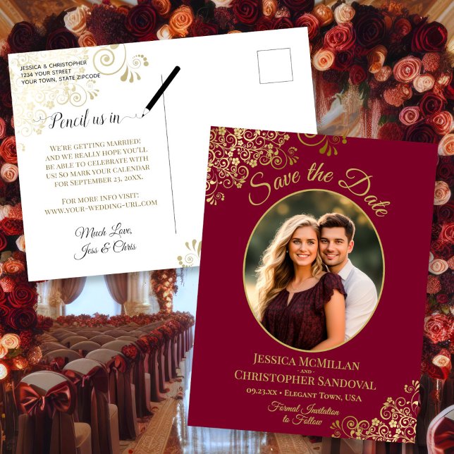 Burgundy & Gold Fancy Wedding Save the Date Photo Announcement Postcard (Front/Back)