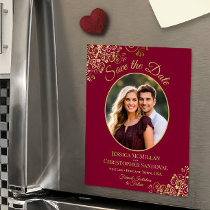 Burgundy & Gold Fancy Wedding Save the Date Photo Magnetic Invitation