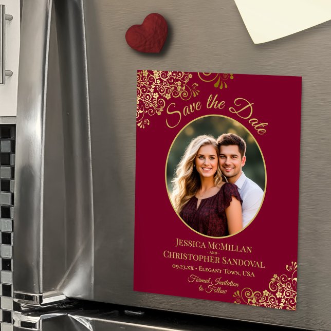 Burgundy & Gold Fancy Wedding Save the Date Photo Magnetic Invitation (Magnetic Card for Easy Display!)