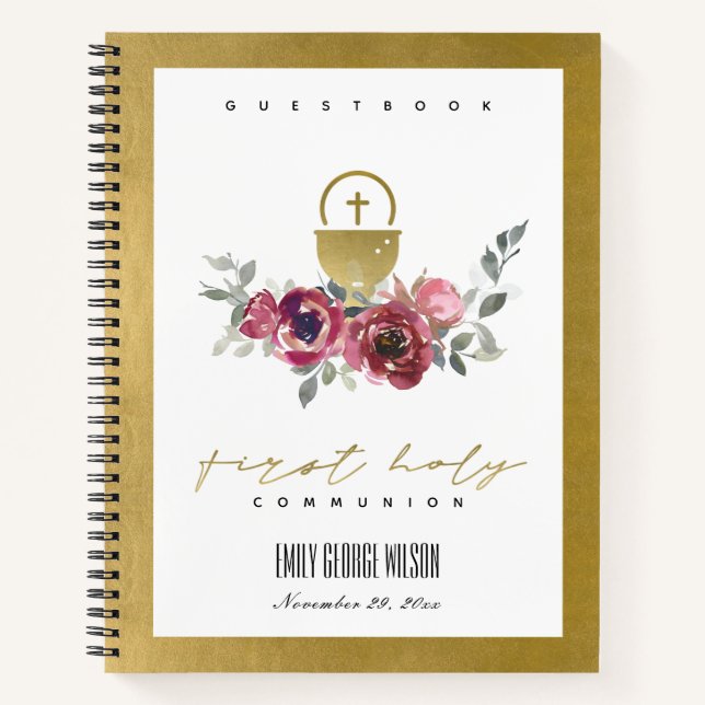 BURGUNDY GOLD FLORA FIRST HOLY COMMUNION GUESTBOOK NOTEBOOK (Front)