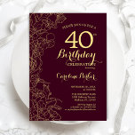 Burgundy Gold Floral 40th Birthday Party Invitation<br><div class="desc">Burgundy Gold Floral 40th Birthday Party Invitation. Minimalist modern maroon design featuring botanical outline drawings accents,  faux gold foil and typography script font. Simple trendy invite card perfect for a stylish female bday celebration. Can be customised to any age. Printed Zazzle invitations or instant download digital printable template.</div>
