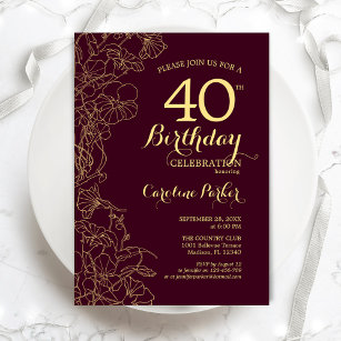 Burgundy Gold Floral 40th Birthday Party Invitation