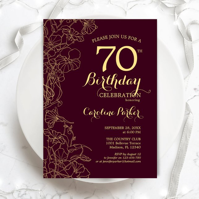 Burgundy Gold Floral 70th Birthday Party Invitation (Creator Uploaded)