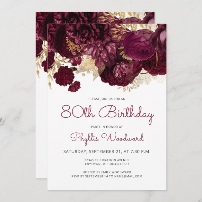 Burgundy Gold Floral 80th Birthday Party Invitation (Front/Back)