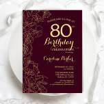 Burgundy Gold Floral 80th Birthday Party Invitation<br><div class="desc">Burgundy Gold Floral 80th Birthday Party Invitation. Minimalist modern maroon design featuring botanical outline drawings accents,  faux gold foil and typography script font. Simple trendy invite card perfect for a stylish female bday celebration. Can be customised to any age. Printed Zazzle invitations or instant download digital printable template.</div>