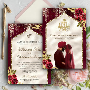 Burgundy Gold Floral Anand Karaj Sikh Wedding Invitation