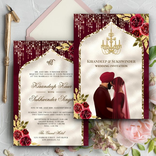 Burgundy Gold Floral Anand Karaj Sikh Wedding Invitation (Creator Uploaded)
