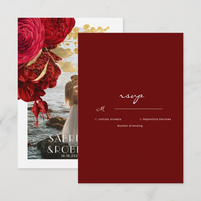 Burgundy Gold Floral Arch Photo Wedding RSVP Card (Front/Back)