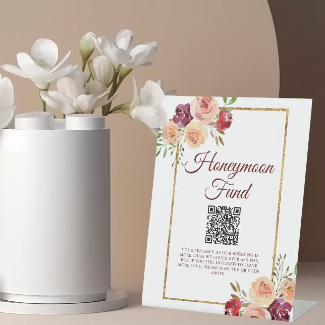 Burgundy Gold Floral Autumn Wedding Honeymoon Fund Pedestal Sign (Creator Uploaded)