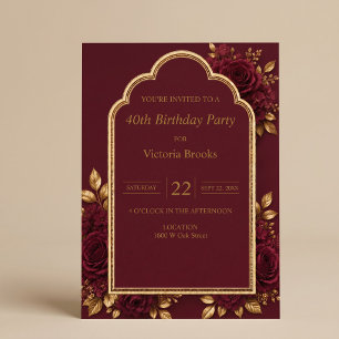 Burgundy & Gold Floral Birthday Party Invitation