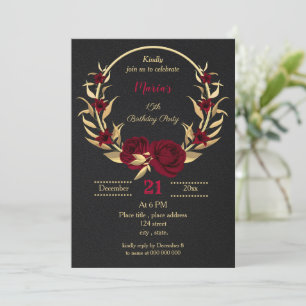 burgundy gold floral black birthday Party Invitation