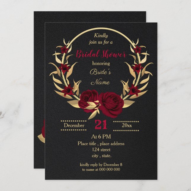 burgundy gold floral black bridal shower invitation (Front/Back)