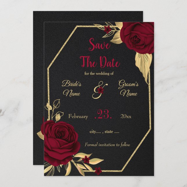 burgundy & gold floral black geometric save the da save the date (Front/Back)
