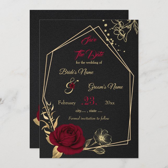 burgundy & gold floral black geometric save the date (Front/Back)