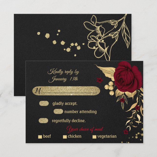 burgundy gold floral black meal choice RSVP card (Front/Back)
