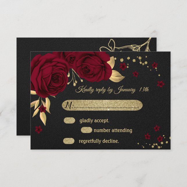burgundy gold floral black RSVP card (Front/Back)