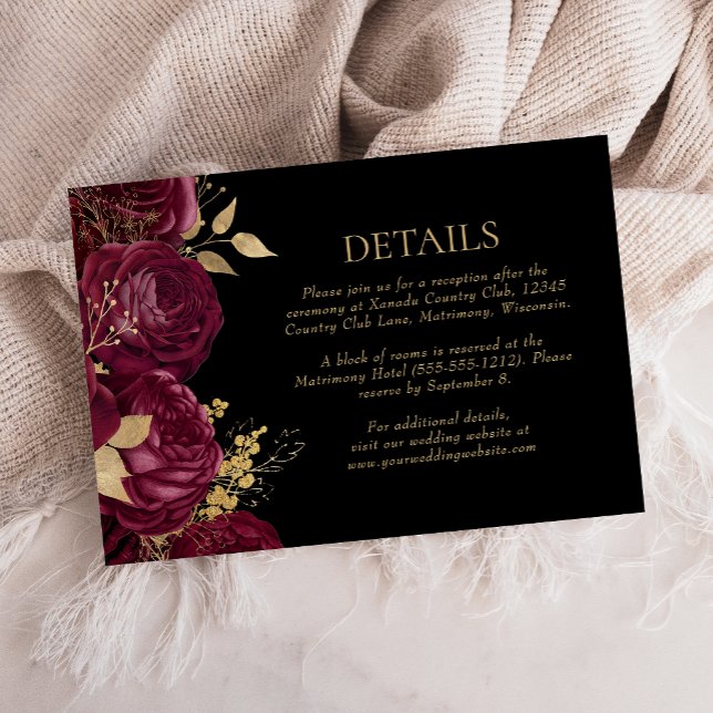 Burgundy Gold Floral Black Wedding Details RSVP Card (Creator Uploaded)