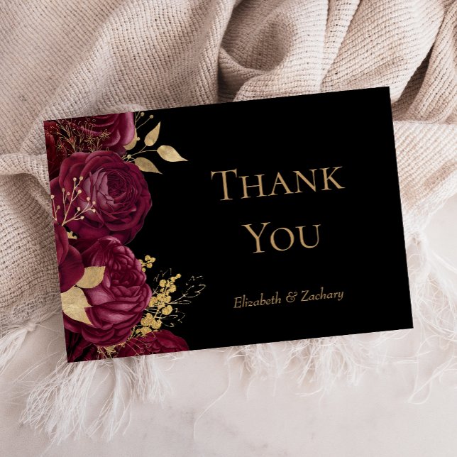 Burgundy Gold Floral Black Wedding Thank You Card (Creator Uploaded)