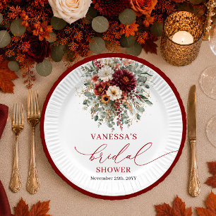 Burgundy Gold floral boho autumn bridal shower  Paper Plate