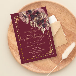 Burgundy Gold Floral Boho Rustic Wedding  Invitation